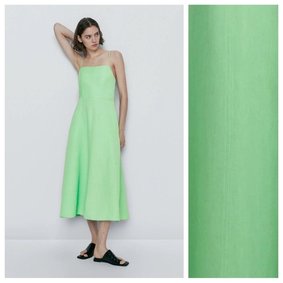 NWT. Massimo Dutti Light Green Viscose/Linen Blend Strappy Midi Dress. Size XS. - Picture 1 of 8